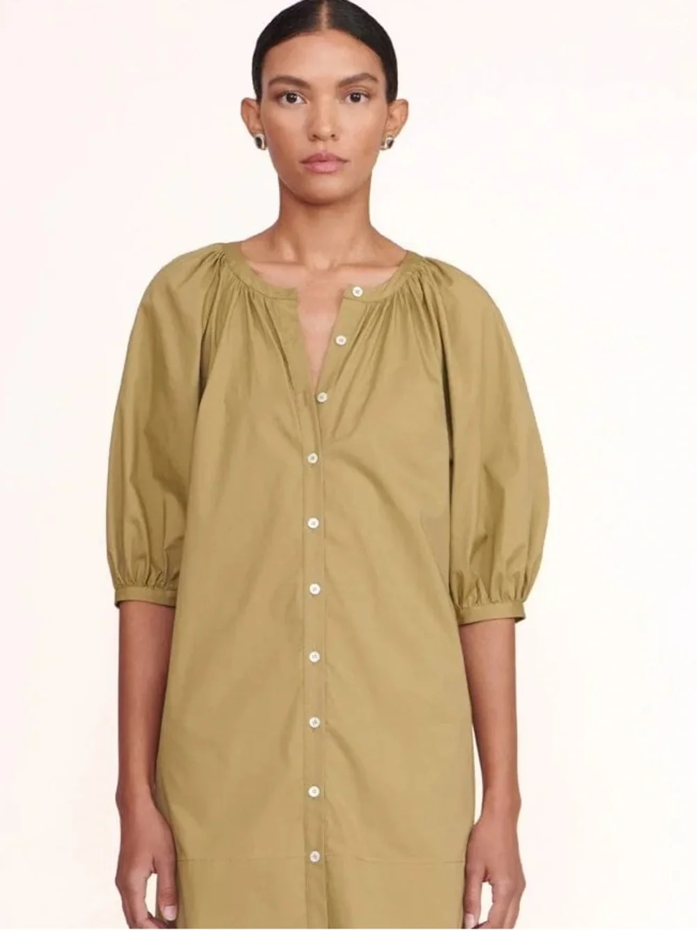 Staud Khaki Vincent Puff-Sleeve Button-Front Women’s Dress - Picture 3 of 6